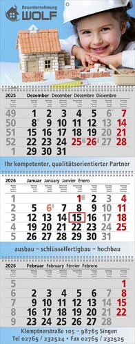 3 Monats-Wandkalender Exclusiv 3 mit Wire-O-Bindung