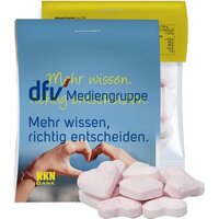 Brause-Herzen Mix Erdbeere und Wildkirsche ca 15g Express Midi-Tüte mit Werbereiter