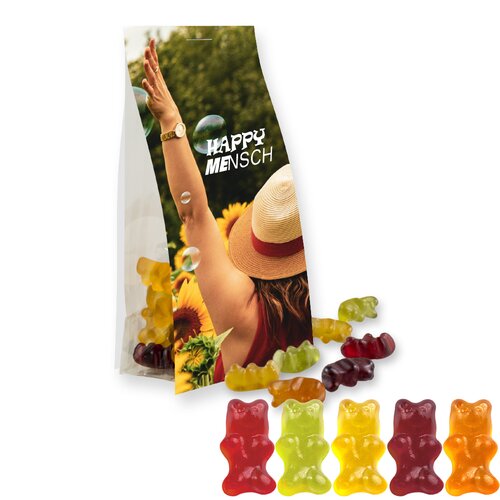 Bio Gummibärchen ohne Gelatine, ca. 40g, Express Blockbodenbeutel mit Werbereiter