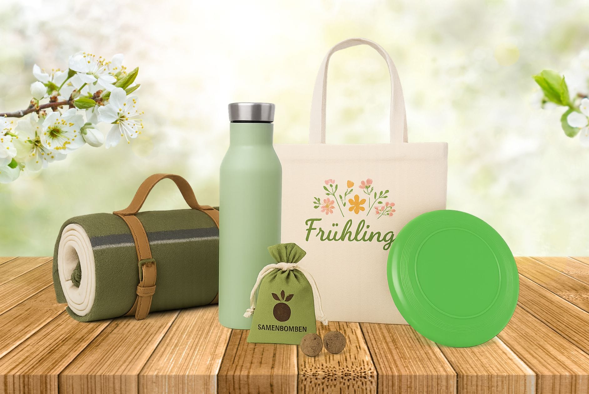 Produkte für den Frühling auf einem Tisch im Freien